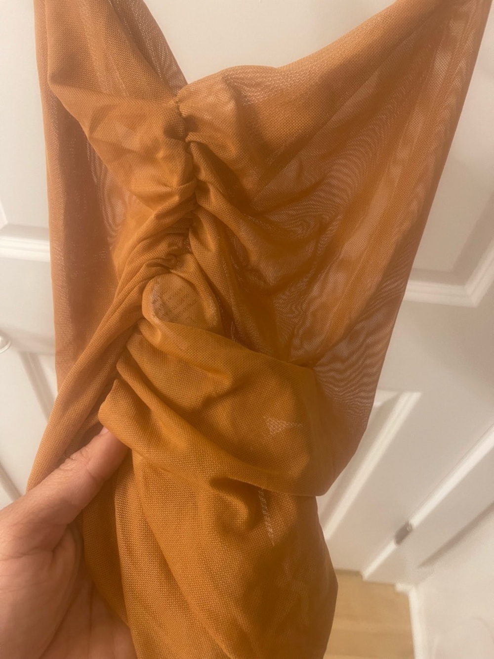 Ruched Mesh Slip Skirt in Rust